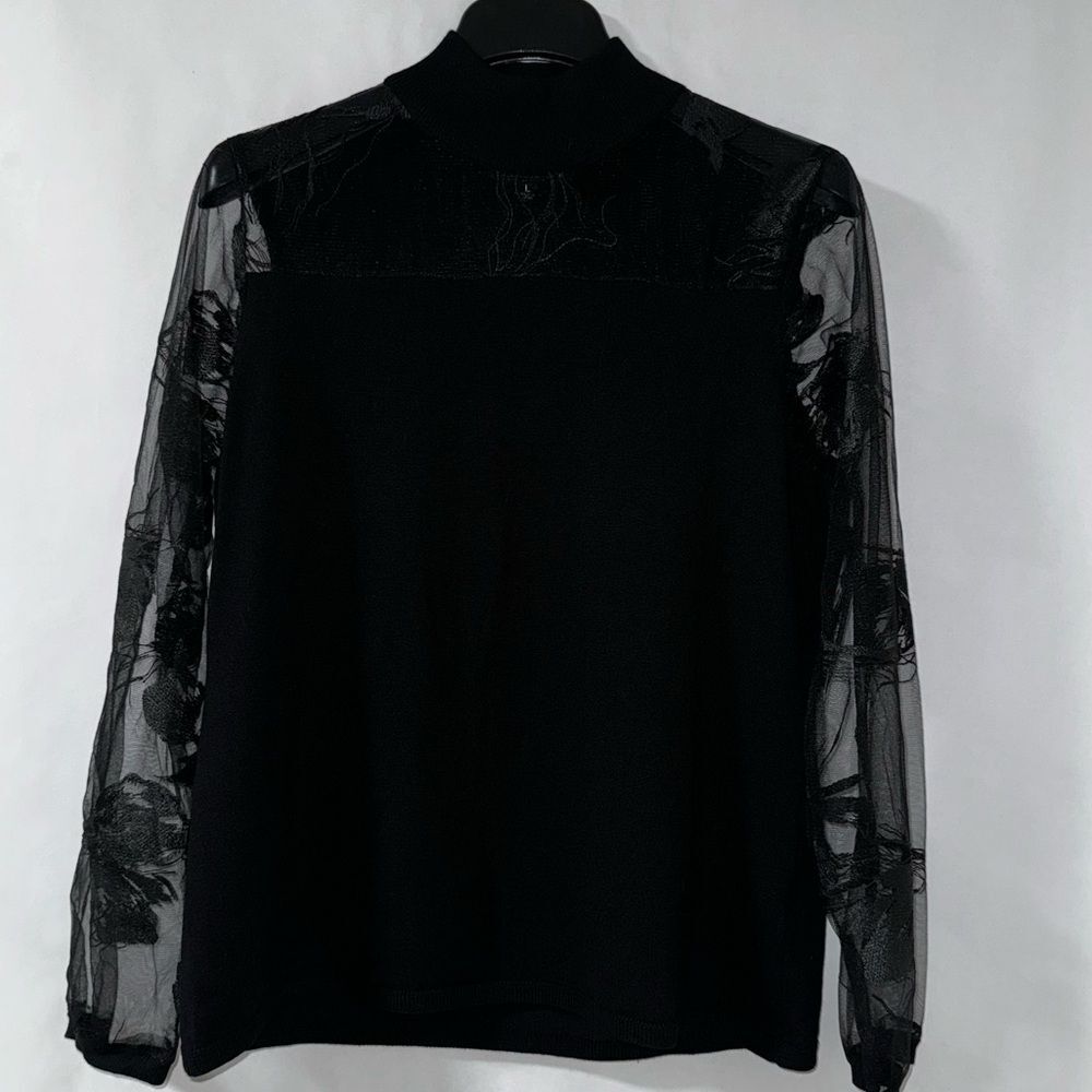 Joseph A. Black Mock Neck Long Sleeve Sheer Blouse Large